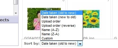 Shutterfly 'sort' menu